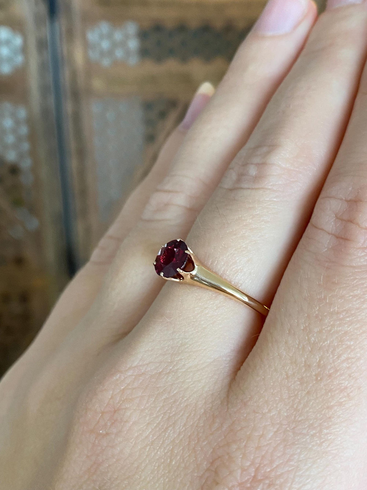 Vintage Solid 14k Yellow Gold Red Cubic Zirconia Ring - Size 6.75