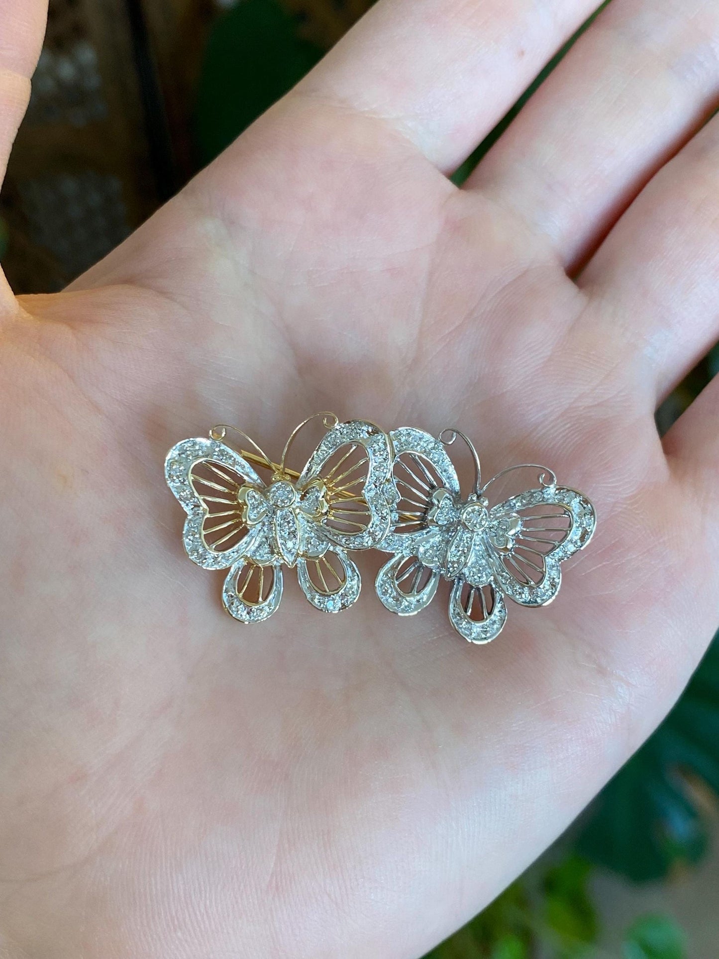Vintage Solid 14k White & Yellow Gold Diamonds Butterflies Brooch Pin