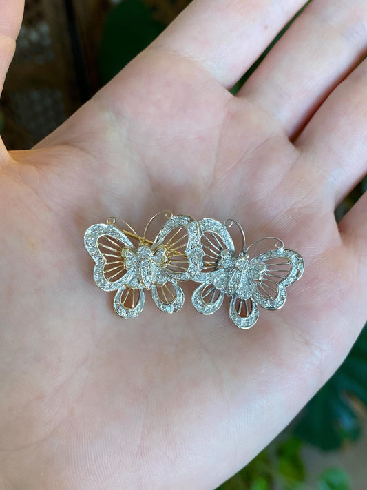 Vintage Solid 14k White & Yellow Gold Diamonds Butterflies Brooch Pin