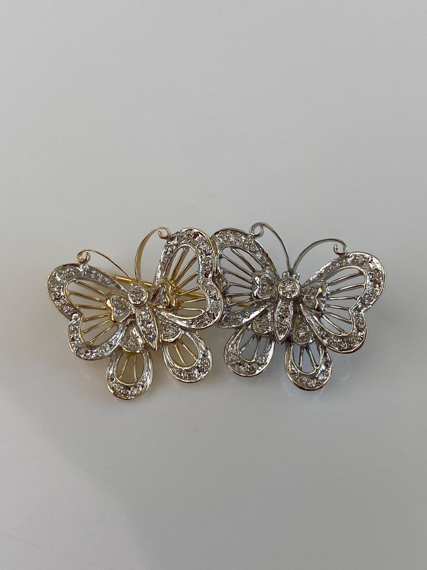 Vintage Solid 14k White & Yellow Gold Diamonds Butterflies Brooch Pin