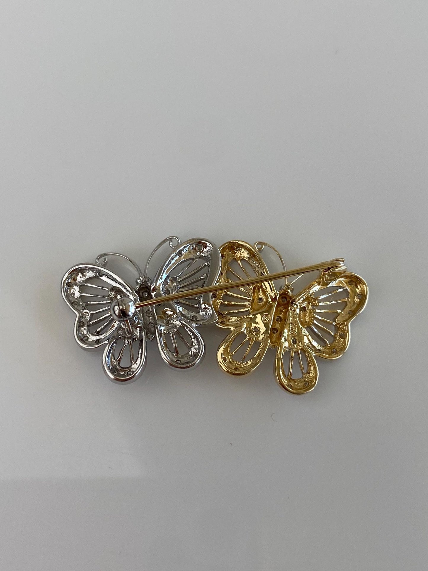 Vintage Solid 14k White & Yellow Gold Diamonds Butterflies Brooch Pin
