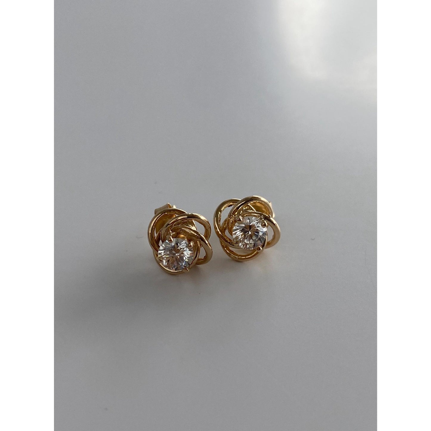 Vintage Solid 14k Yellow Gold Cubic Zirconia Knot Stud Earrings