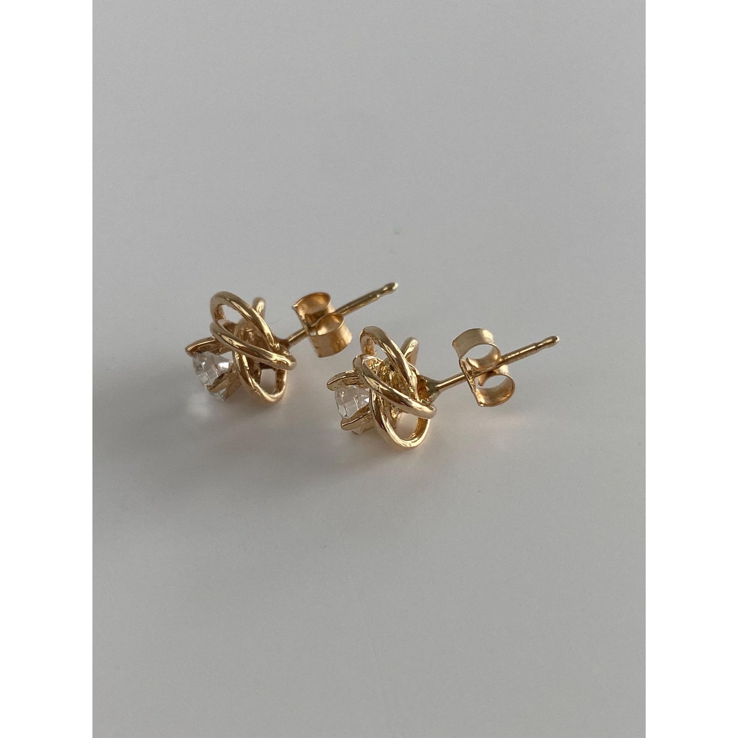 Vintage Solid 14k Yellow Gold Cubic Zirconia Knot Stud Earrings