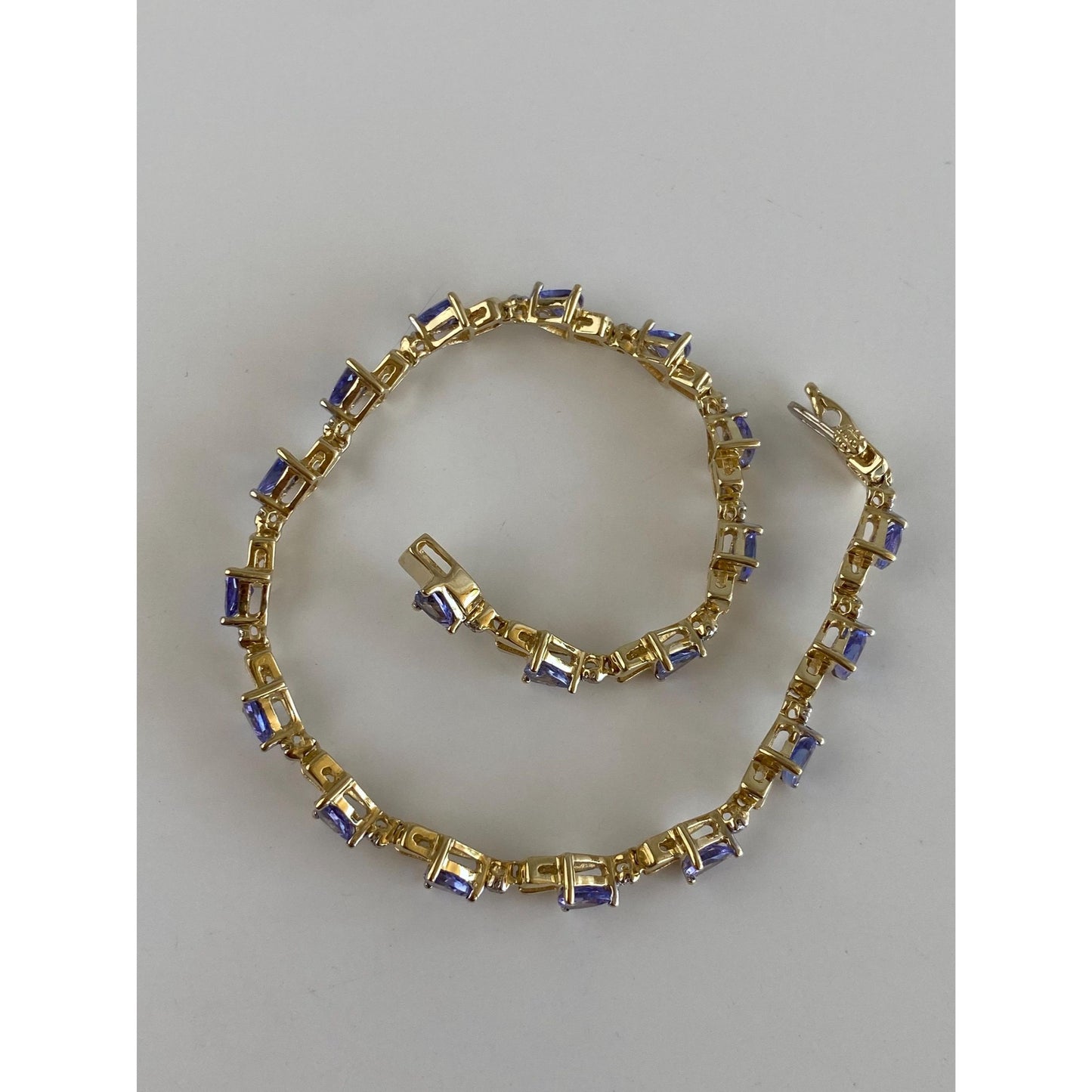 Vintage Solid 14k Yellow Gold Diamond Tanzanite Link Bracelet - 7 inches
