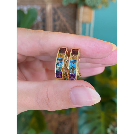 Vintage Solid 14k Yellow Gold Garnet Topaz Citrine Amethyst Aquamarine Drop Earrings