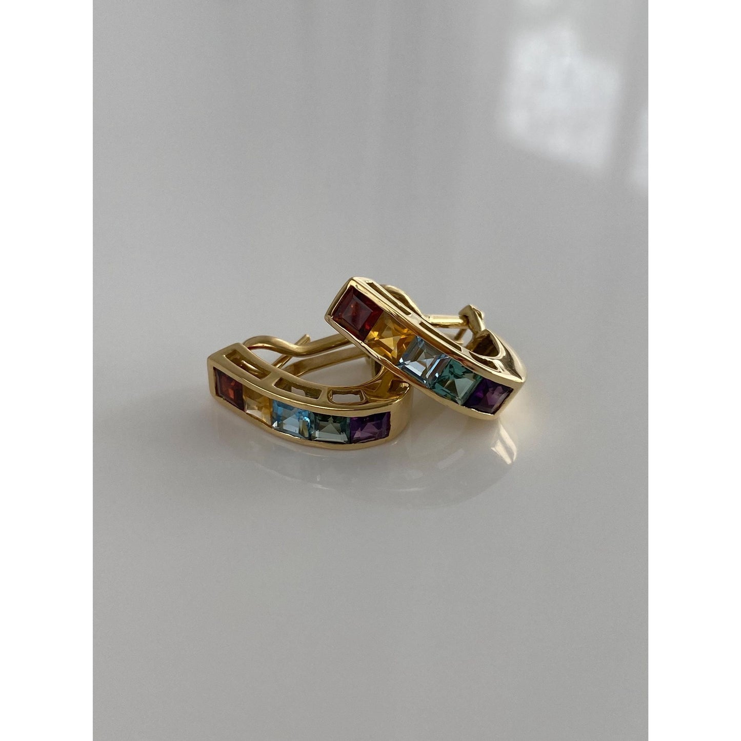 Vintage Solid 14k Yellow Gold Garnet Topaz Citrine Amethyst Aquamarine Drop Earrings