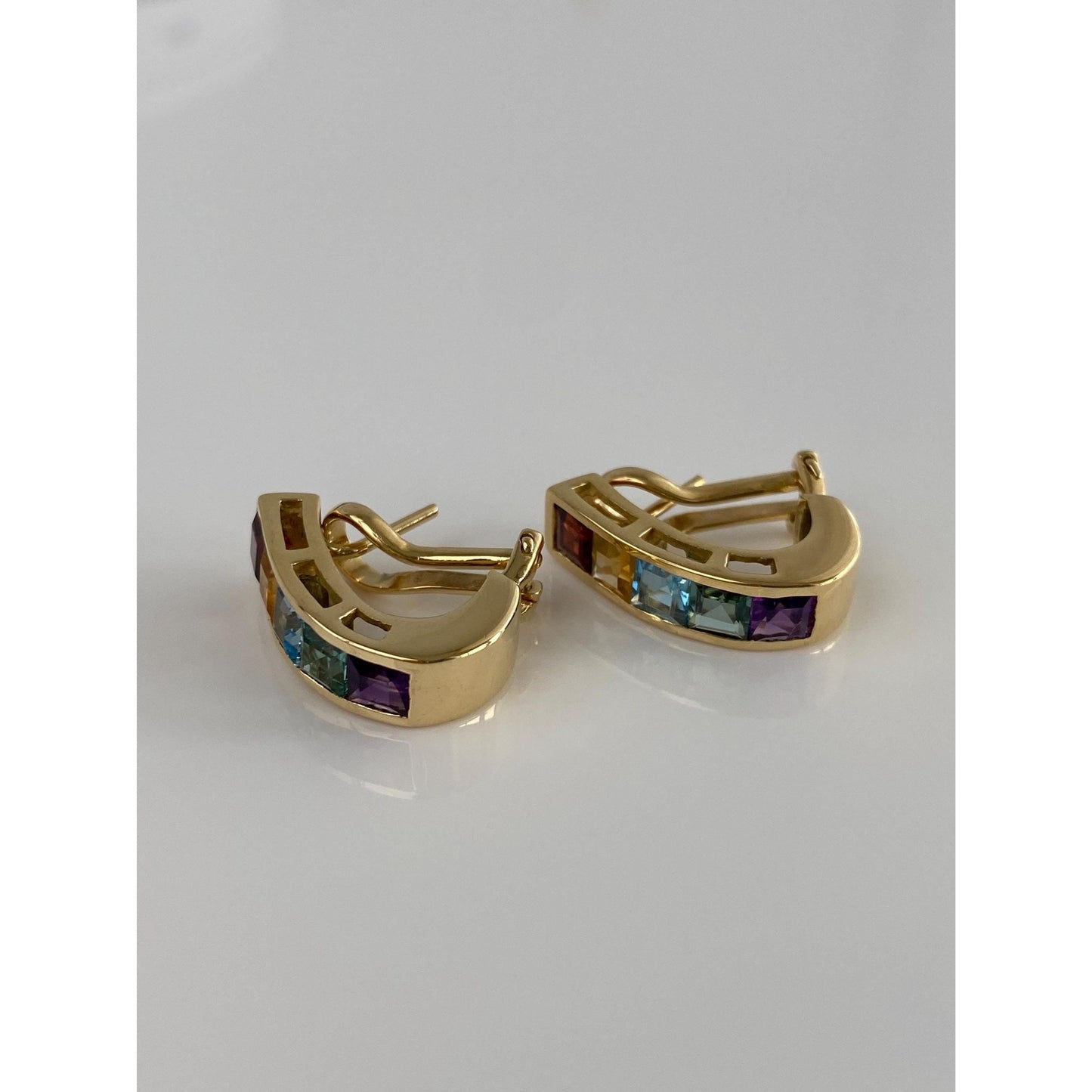 Vintage Solid 14k Yellow Gold Garnet Topaz Citrine Amethyst Aquamarine Drop Earrings