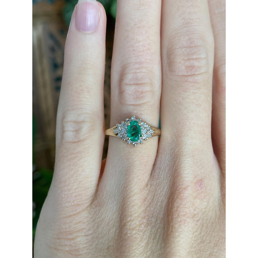 Vintage Solid 14k Yellow Gold Diamond Emerald Ring - Size 5.75