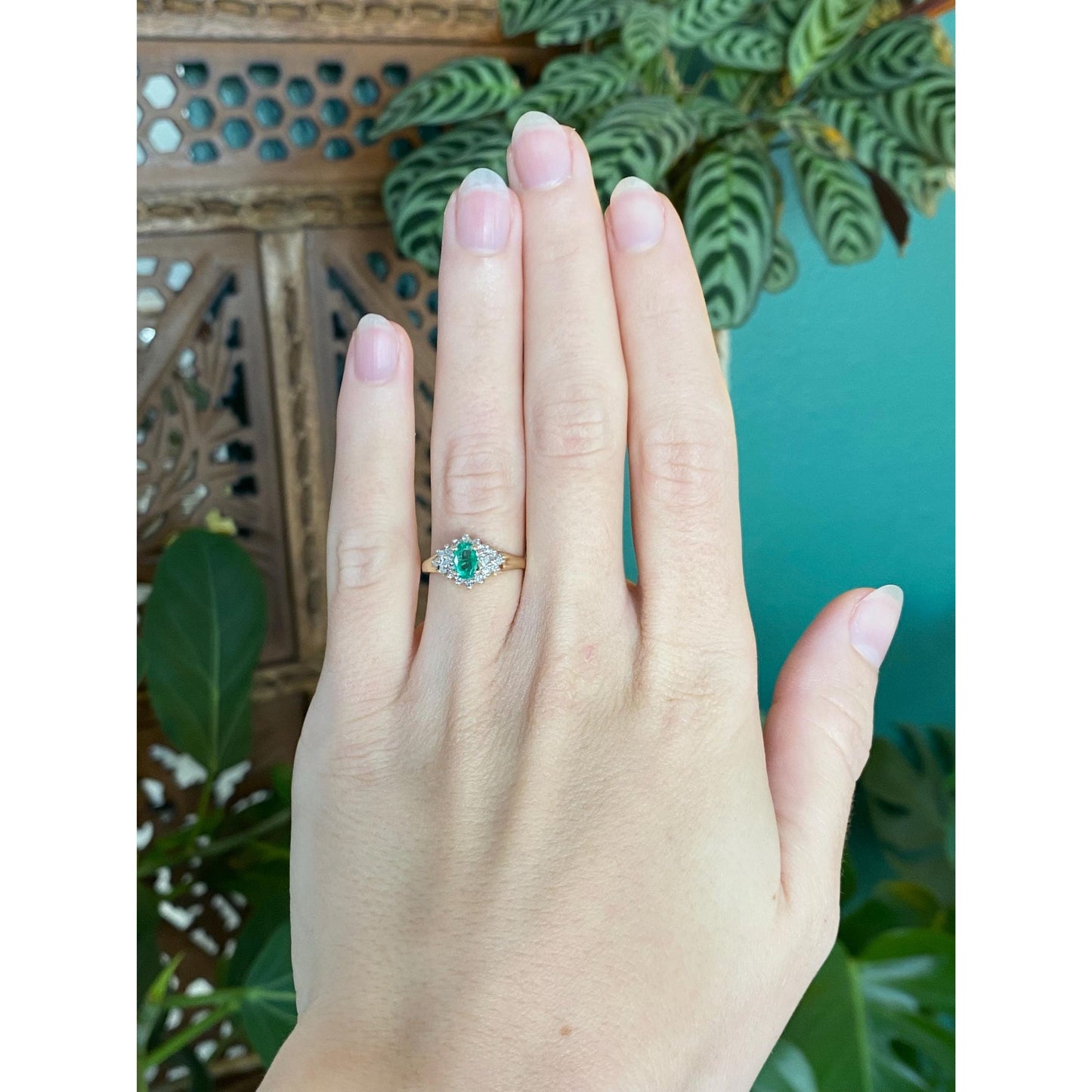 Vintage Solid 14k Yellow Gold Diamond Emerald Ring - Size 5.75