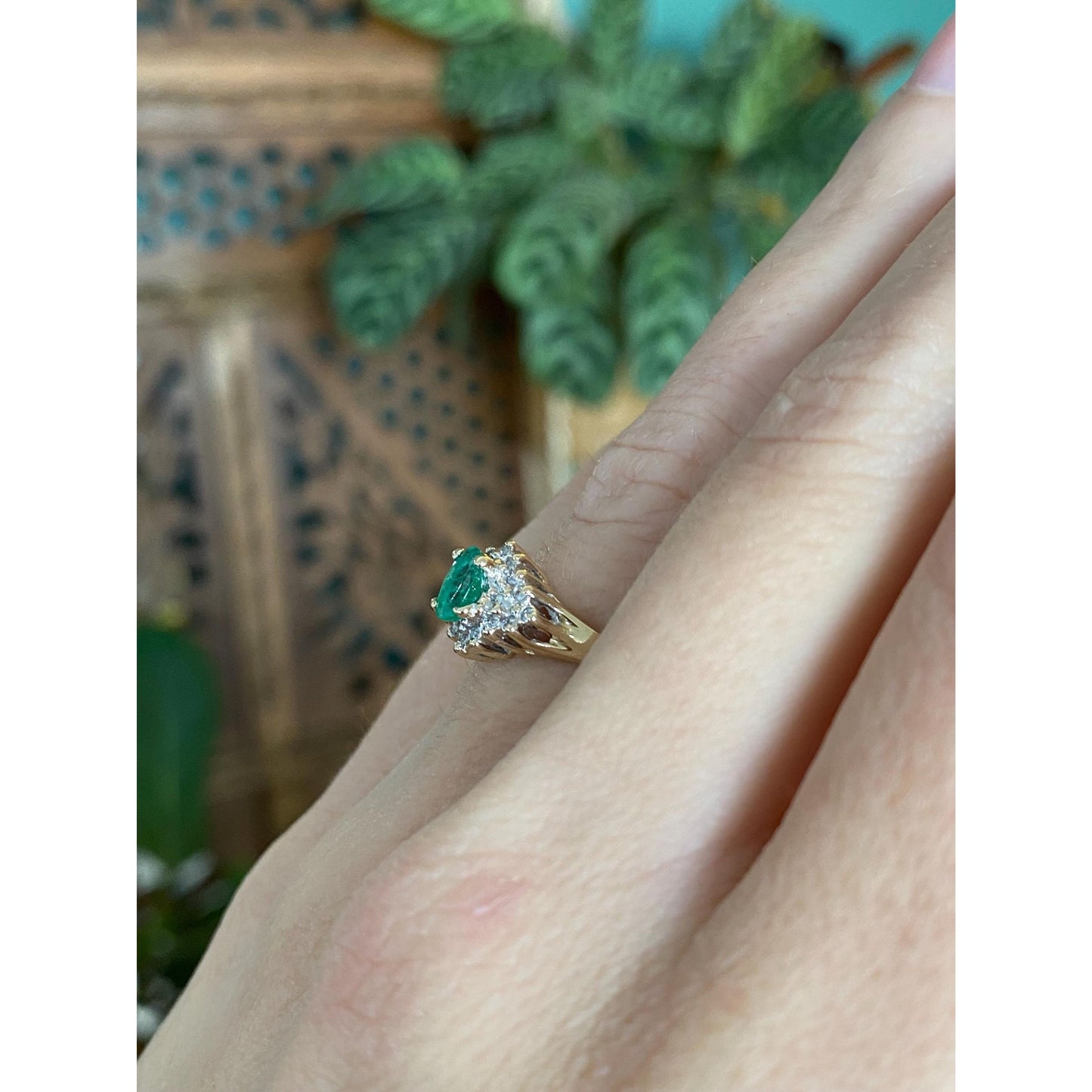 Vintage Solid 14k Yellow Gold Diamond Emerald Ring - Size 5.75