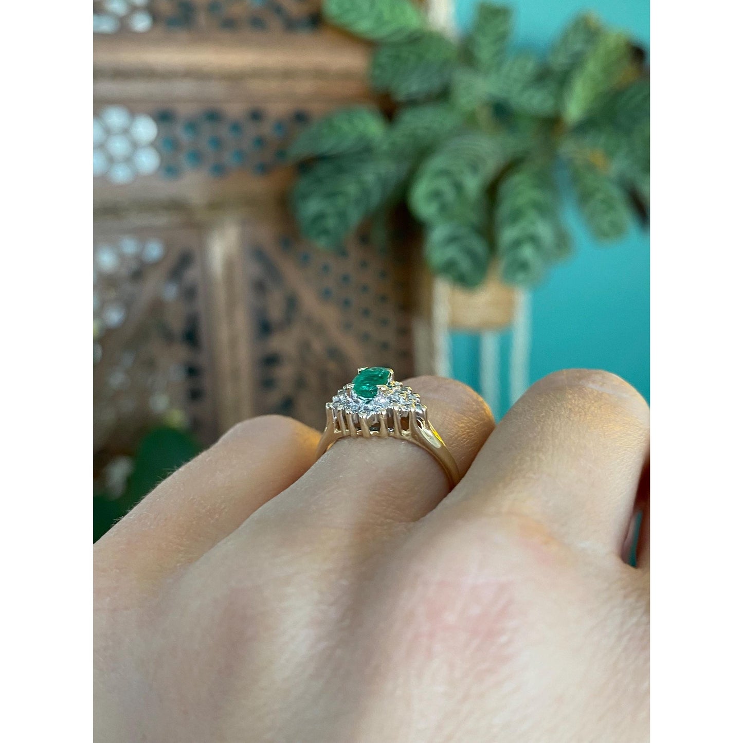 Vintage Solid 14k Yellow Gold Diamond Emerald Ring - Size 5.75
