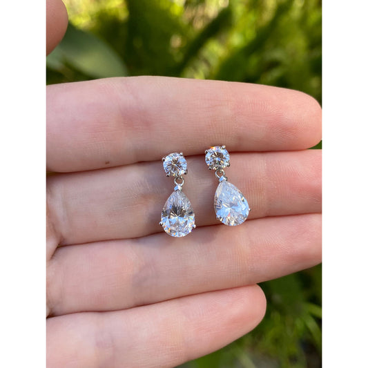 Solid 14k White Gold Cubic Zirconia Dangle Stud Earrings