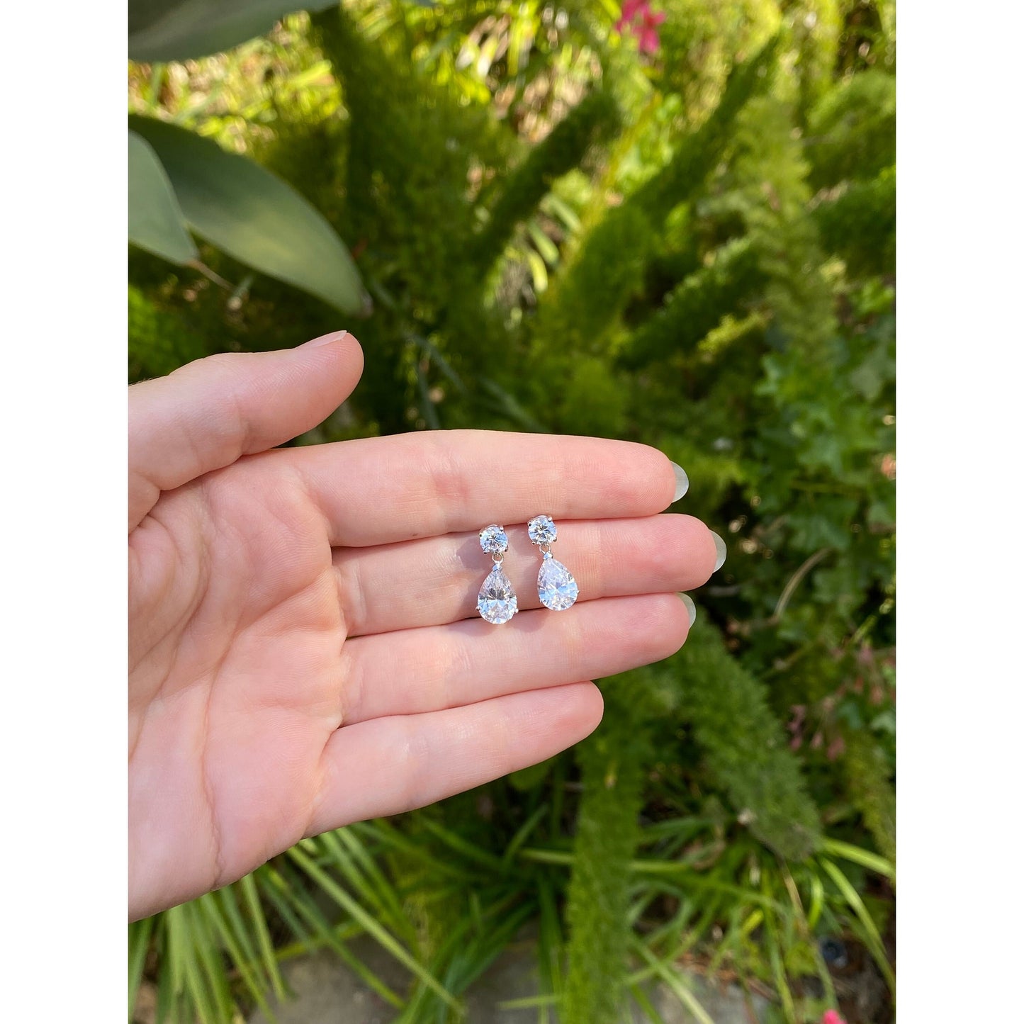 Solid 14k White Gold Cubic Zirconia Dangle Stud Earrings