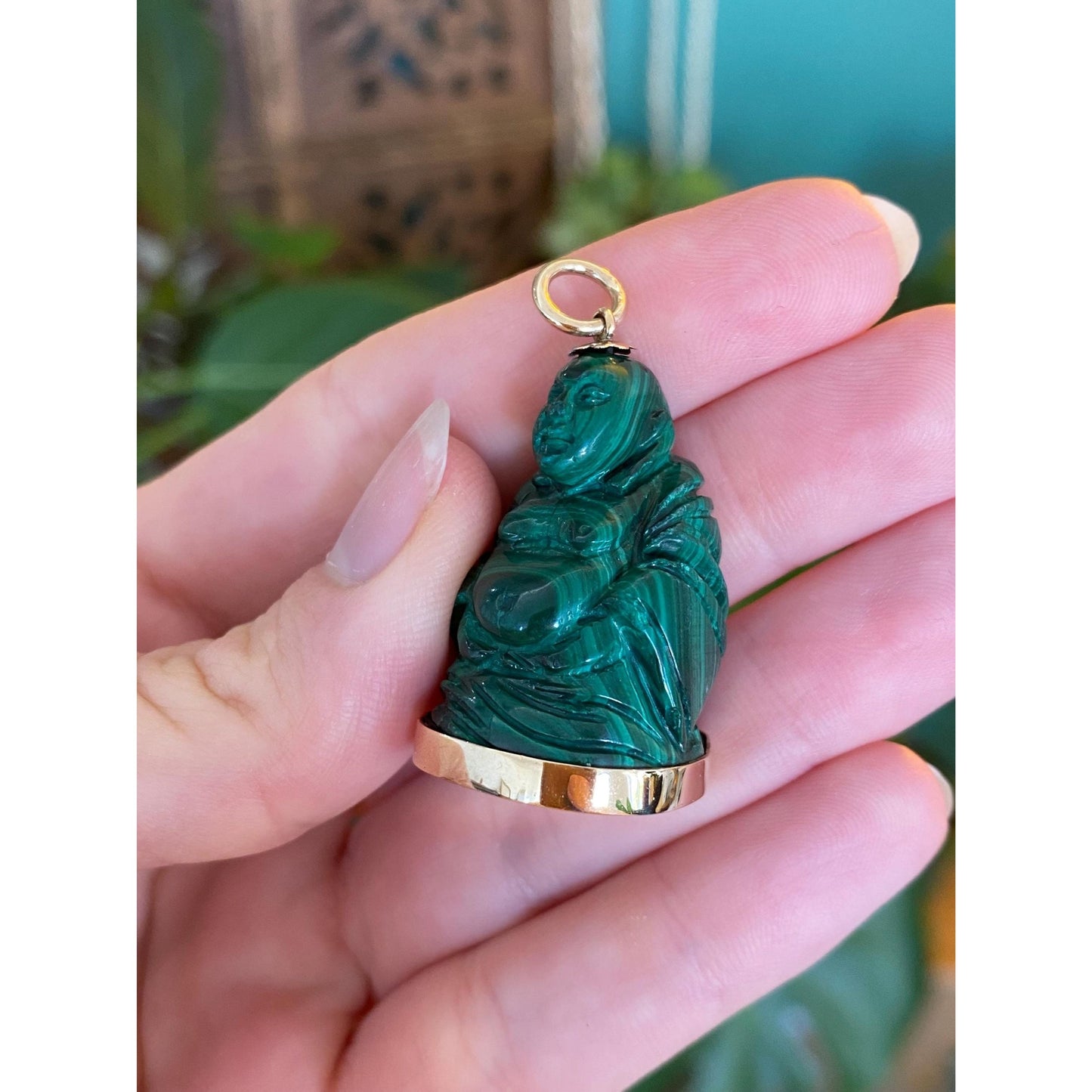 Vintage Solid 14k Yellow Gold Malachite Carved Buddah Charm