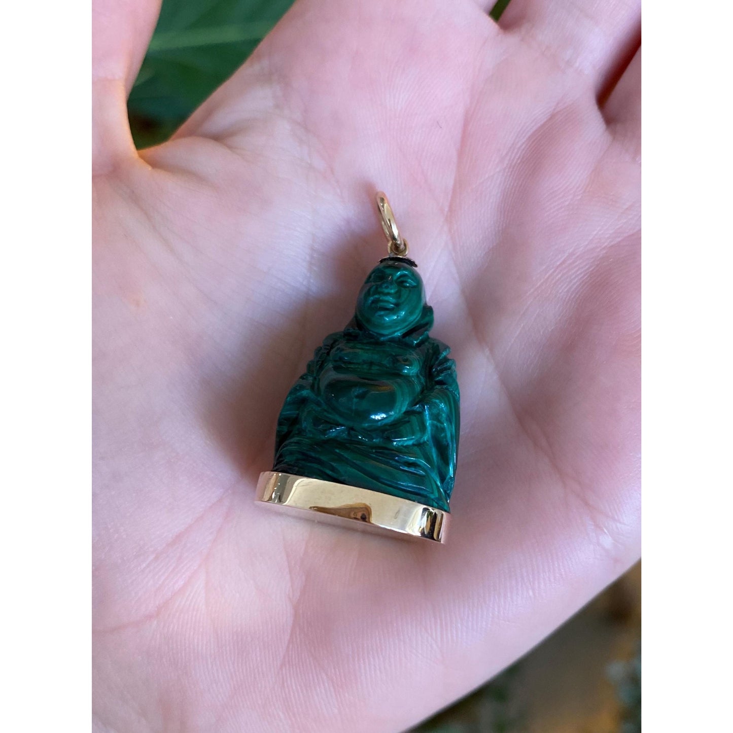 Vintage Solid 14k Yellow Gold Malachite Carved Buddah Charm