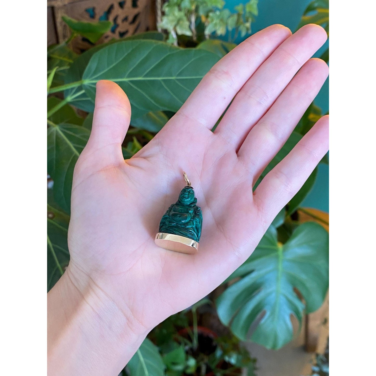 Vintage Solid 14k Yellow Gold Malachite Carved Buddah Charm