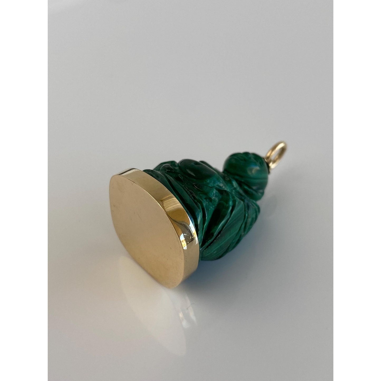 Vintage Solid 14k Yellow Gold Malachite Carved Buddah Charm