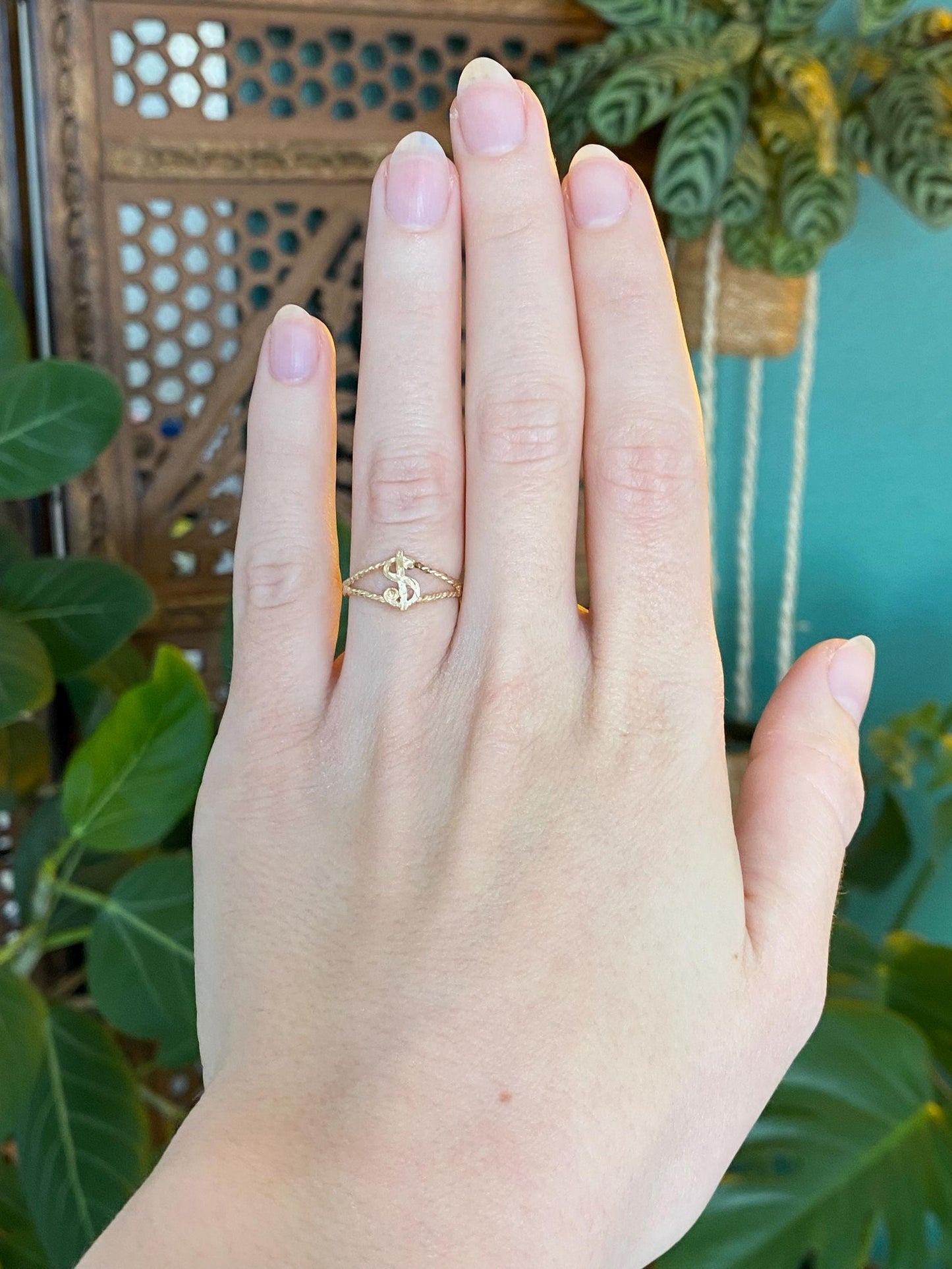 Vintage Solid 14k Yellow Gold Money Sign Ring - Size 4.5