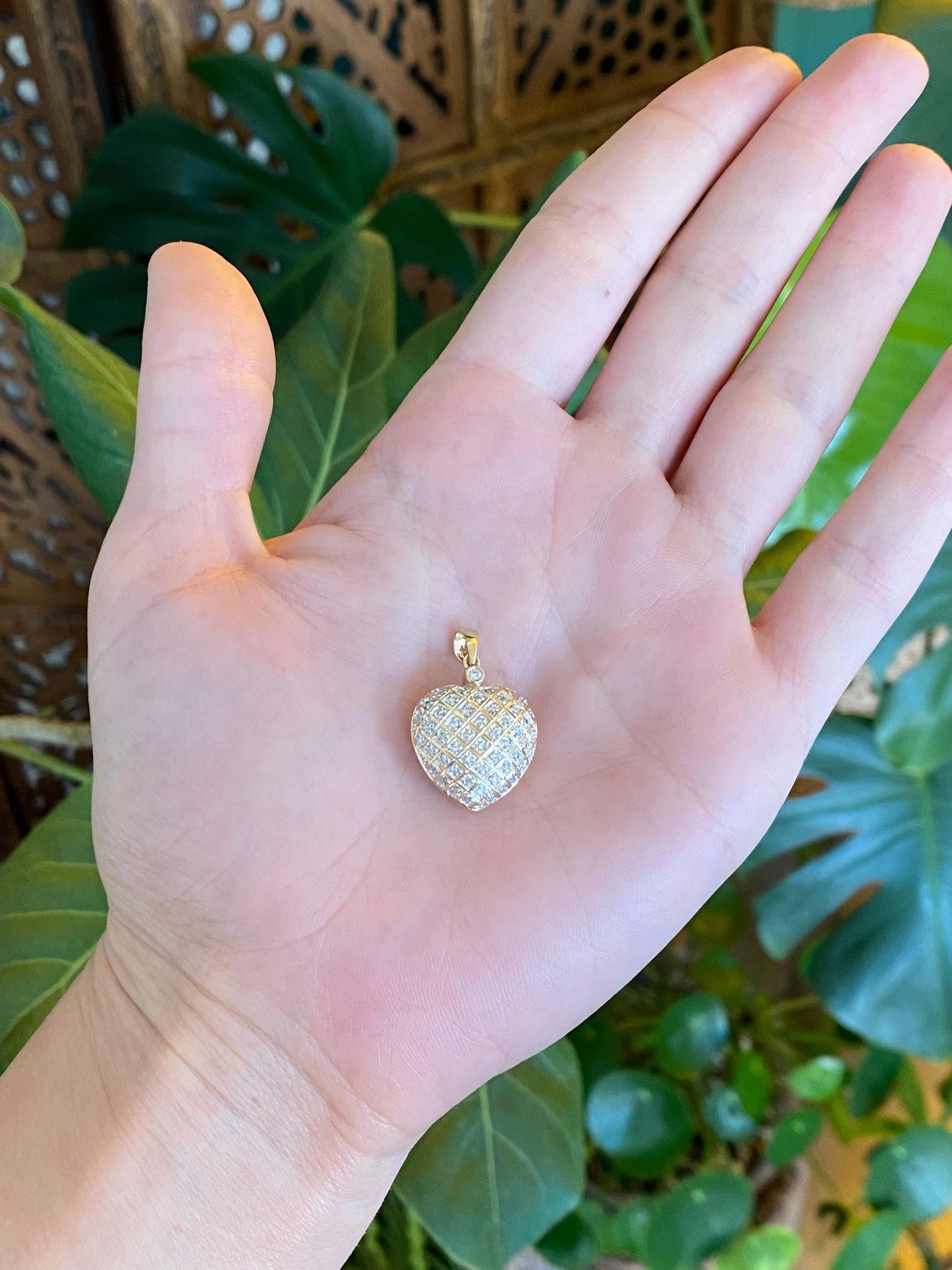 Vintage Solid 14k Yellow Gold Open Work Diamonds Heart Charm