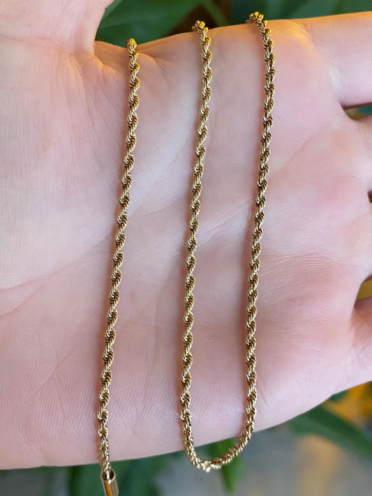 Vintage Solid 14k Yellow Gold Slim Rope Chain Necklace - 16.75 inches