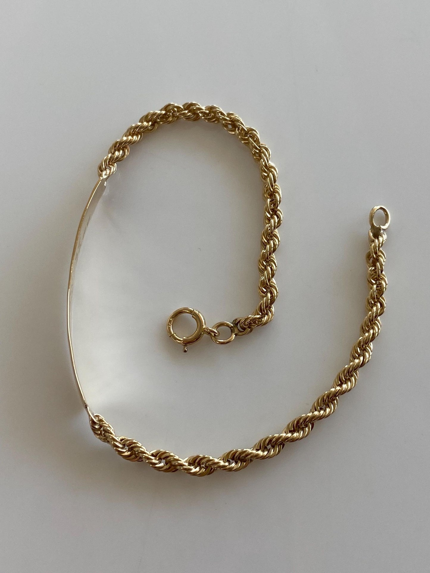Vintage Solid 14k Yellow Gold Rope Chain ID Bracelet - 7.5 inches