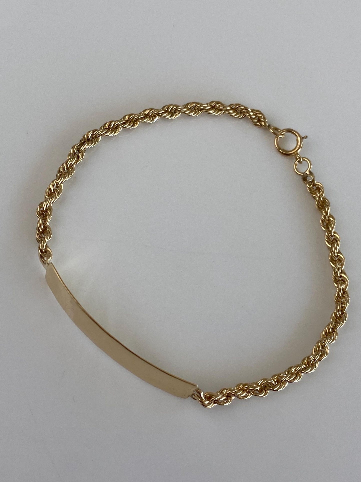 Vintage Solid 14k Yellow Gold Rope Chain ID Bracelet - 7.5 inches