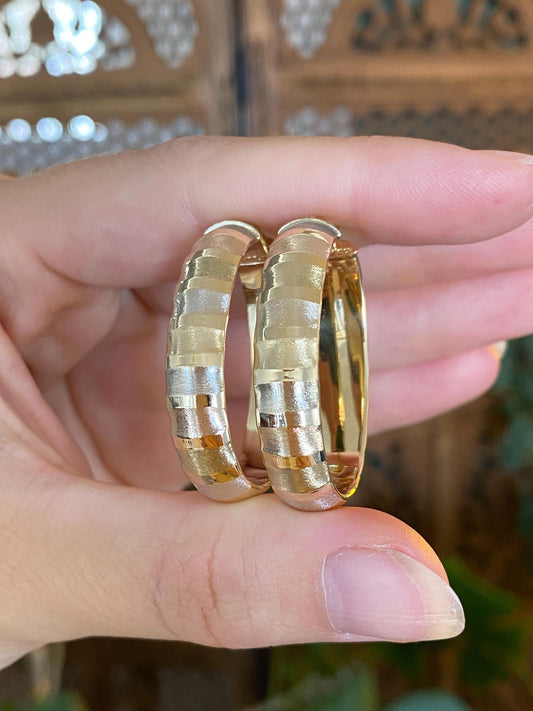 Vintage 14k Tri Tone Gold Textured Oval Hoop Earrings