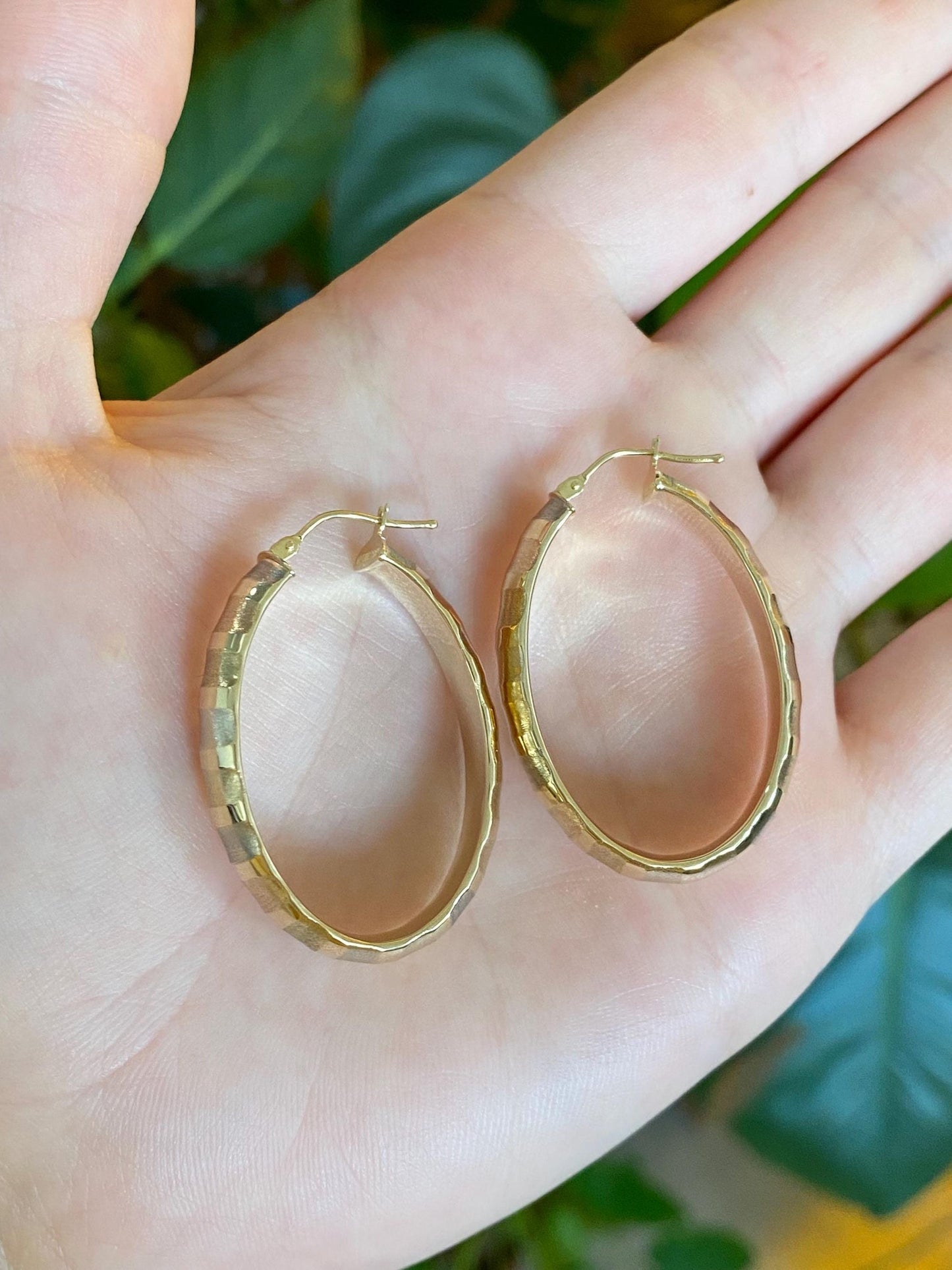 Vintage 14k Tri Tone Gold Textured Oval Hoop Earrings