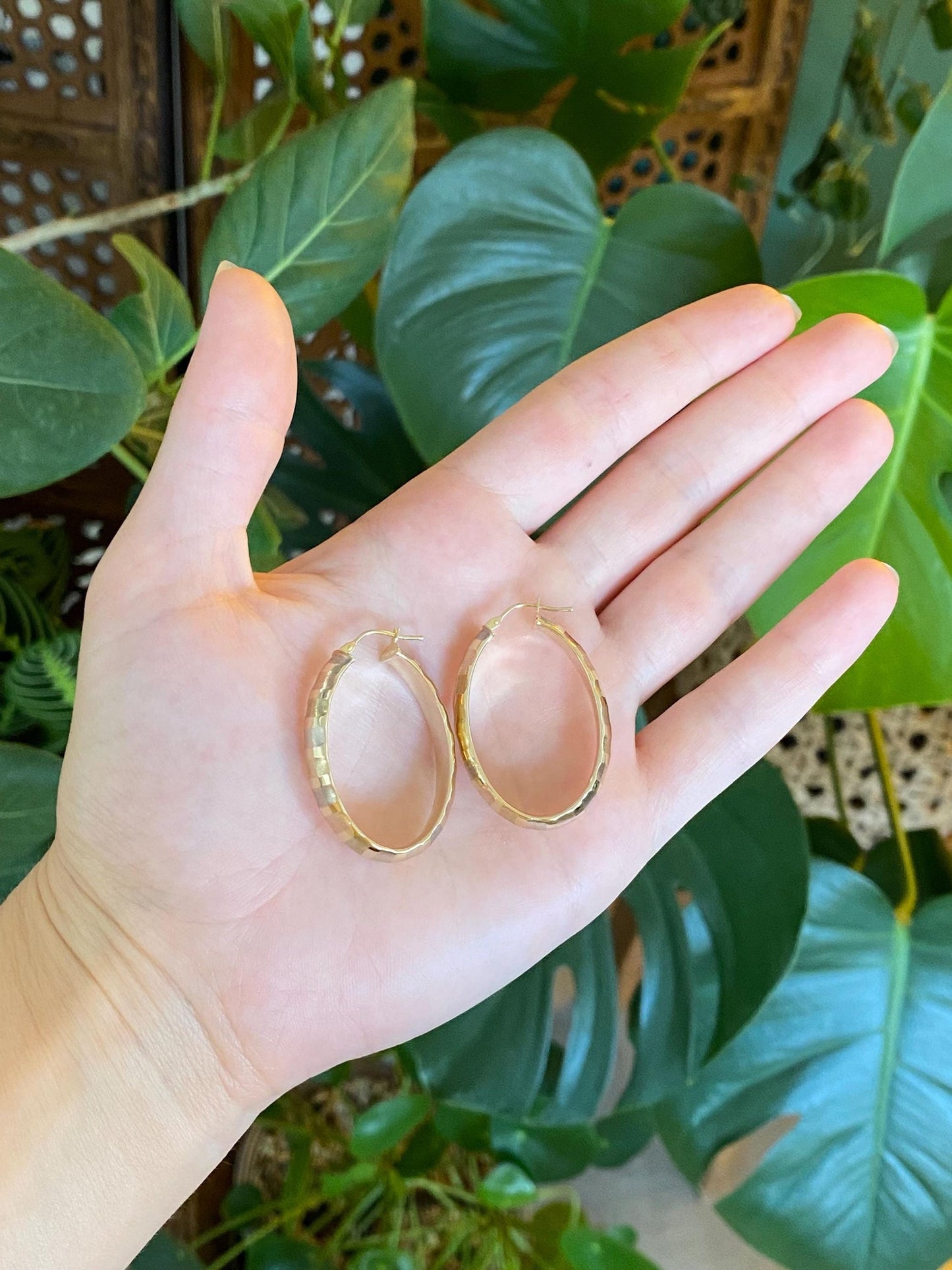 Vintage 14k Tri Tone Gold Textured Oval Hoop Earrings