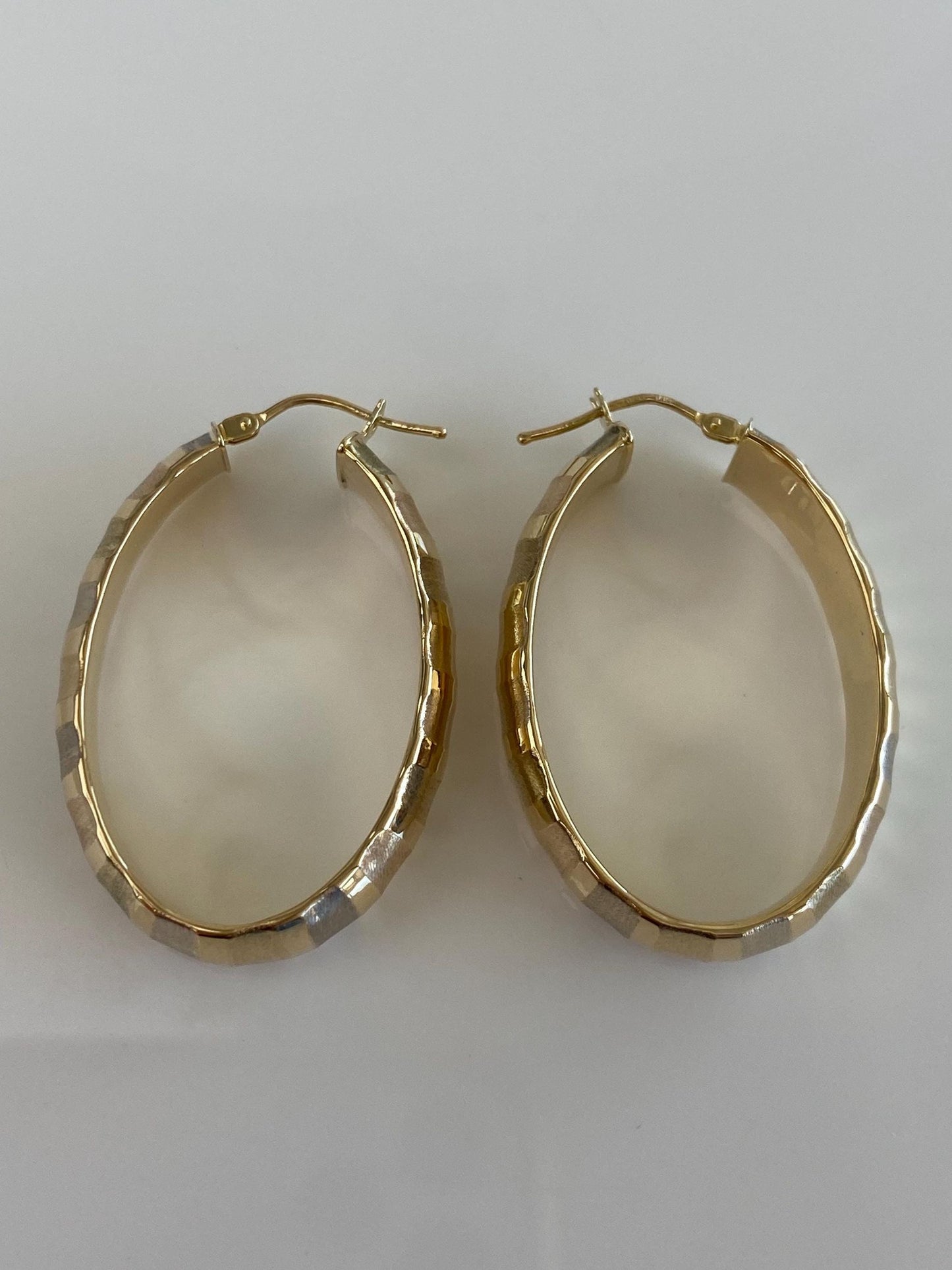 Vintage 14k Tri Tone Gold Textured Oval Hoop Earrings