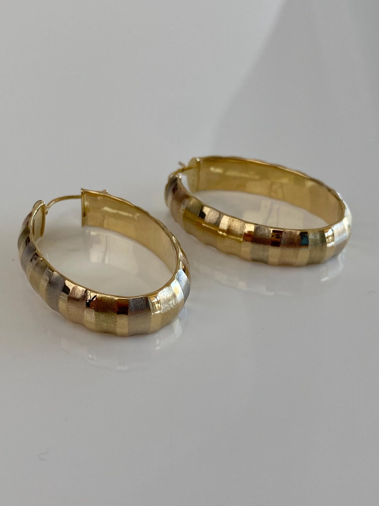 Vintage 14k Tri Tone Gold Textured Oval Hoop Earrings