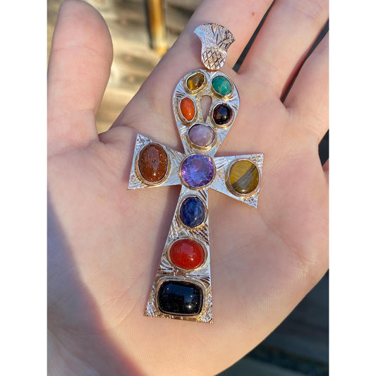 Solid 14k Rosey Gold Tigers Eye Goldstone Blue Lapis Coral Amethyst Bluestone Ankh Charm