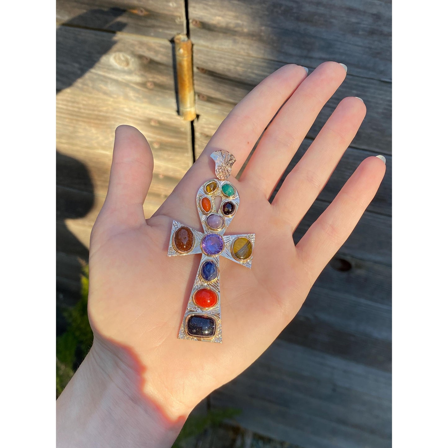 Solid 14k Rosey Gold Tigers Eye Goldstone Blue Lapis Coral Amethyst Bluestone Ankh Charm