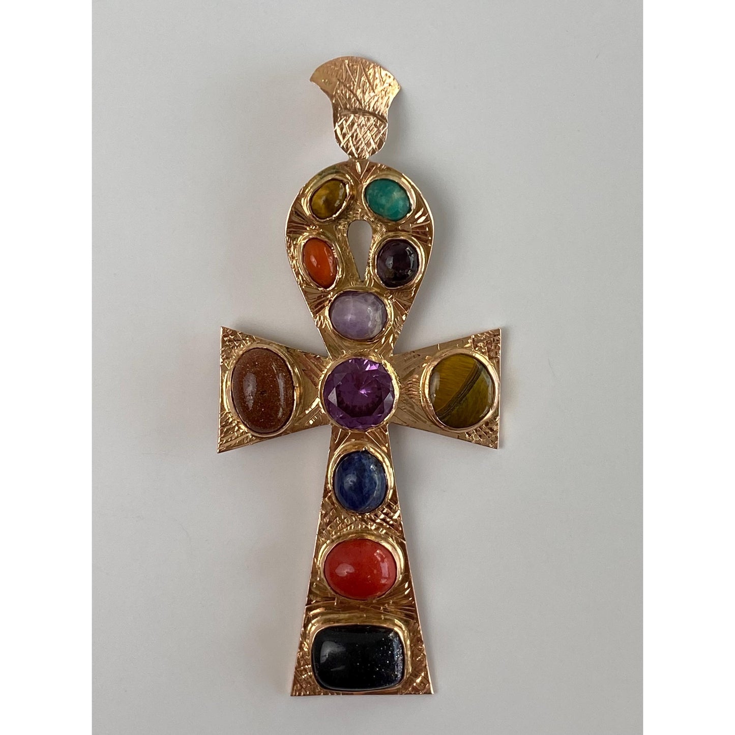 Solid 14k Rosey Gold Tigers Eye Goldstone Blue Lapis Coral Amethyst Bluestone Ankh Charm