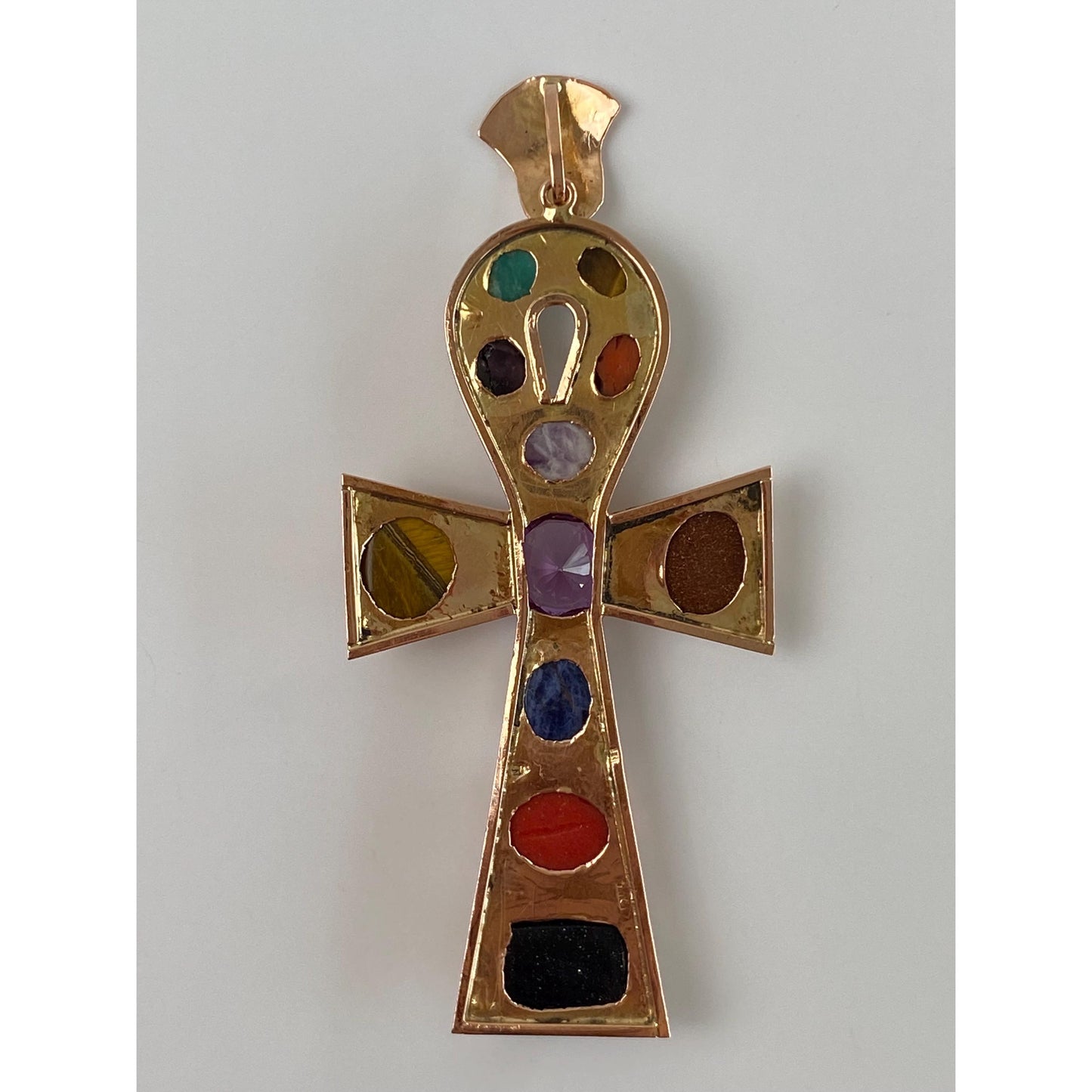 Solid 14k Rosey Gold Tigers Eye Goldstone Blue Lapis Coral Amethyst Bluestone Ankh Charm