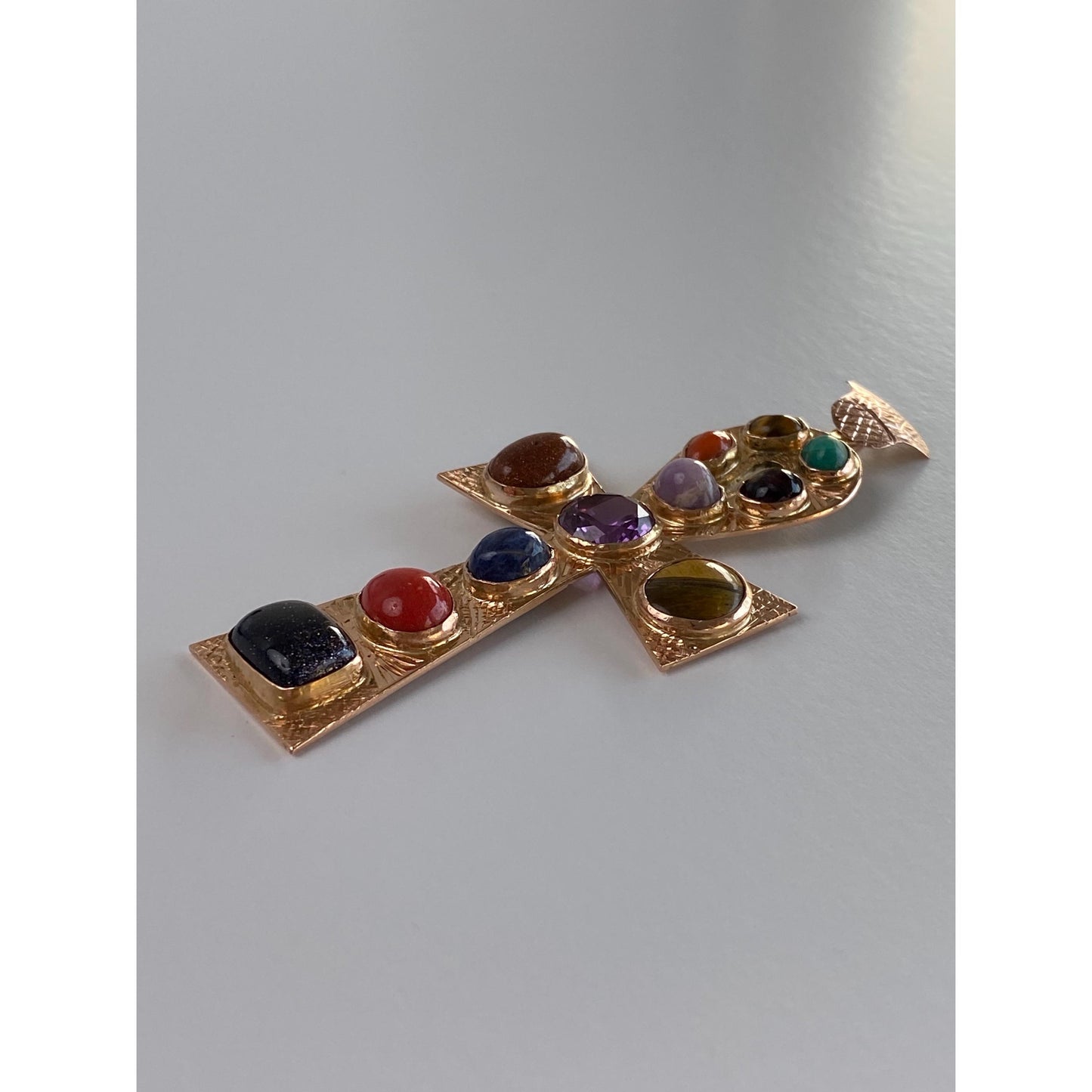 Solid 14k Rosey Gold Tigers Eye Goldstone Blue Lapis Coral Amethyst Bluestone Ankh Charm