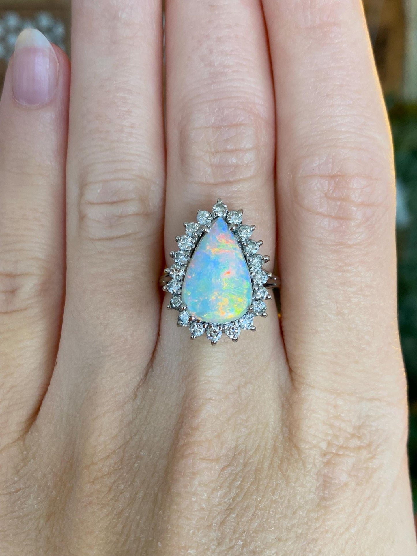 Vintage Solid 18k White Gold Diamond Halo Opal Teardrop Ring - Size 5.5