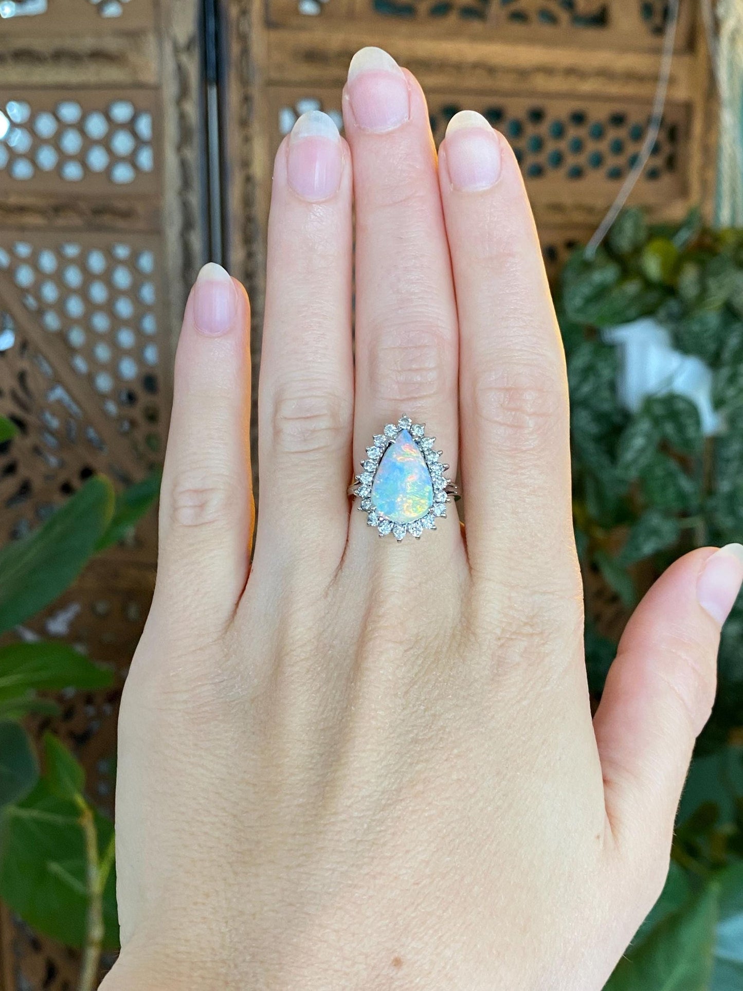 Vintage Solid 18k White Gold Diamond Halo Opal Teardrop Ring - Size 5.5