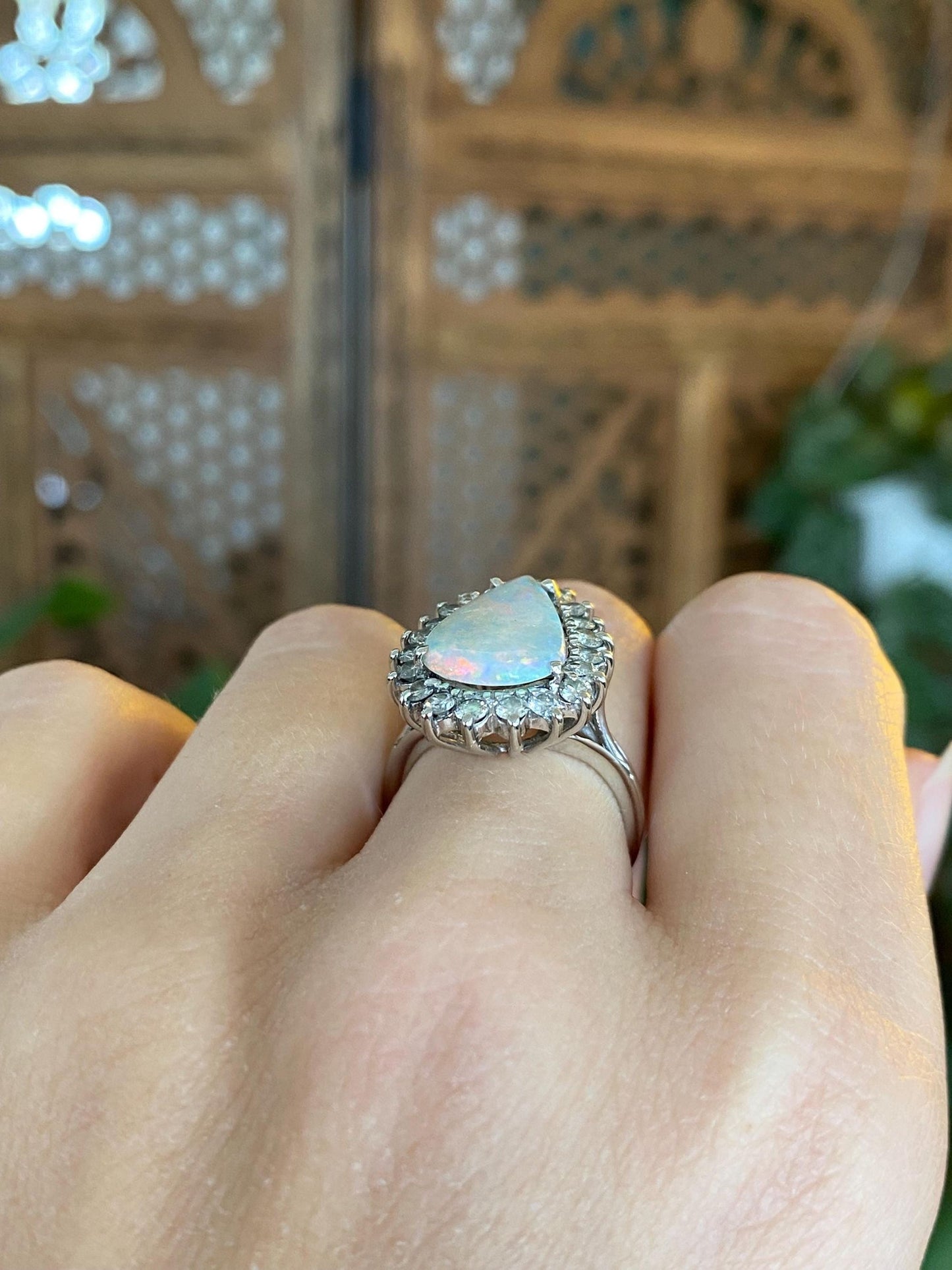 Vintage Solid 18k White Gold Diamond Halo Opal Teardrop Ring - Size 5.5