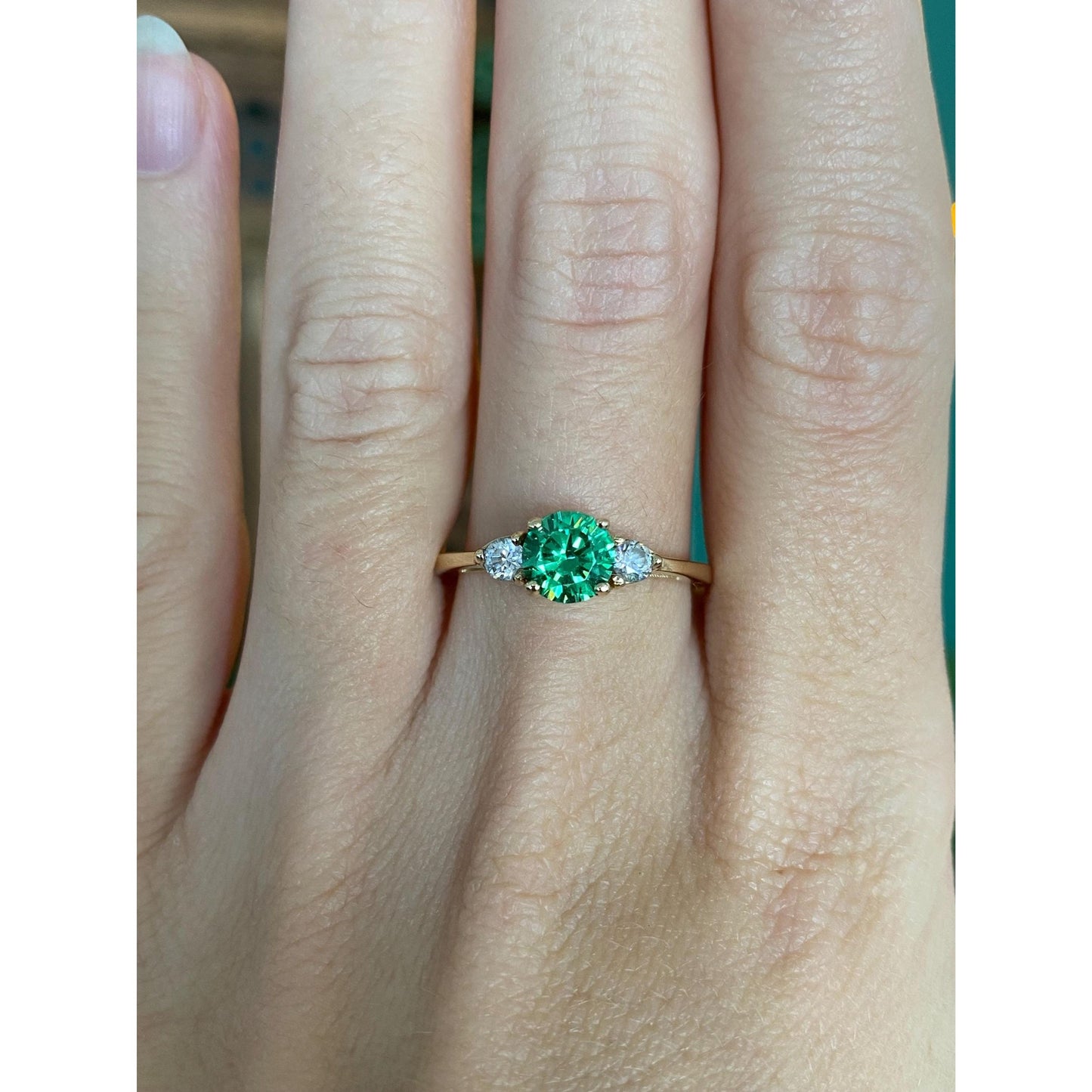 Solid 14k Yellow Gold Green & Clear Cubic Zirconia Ring - Size 8.5