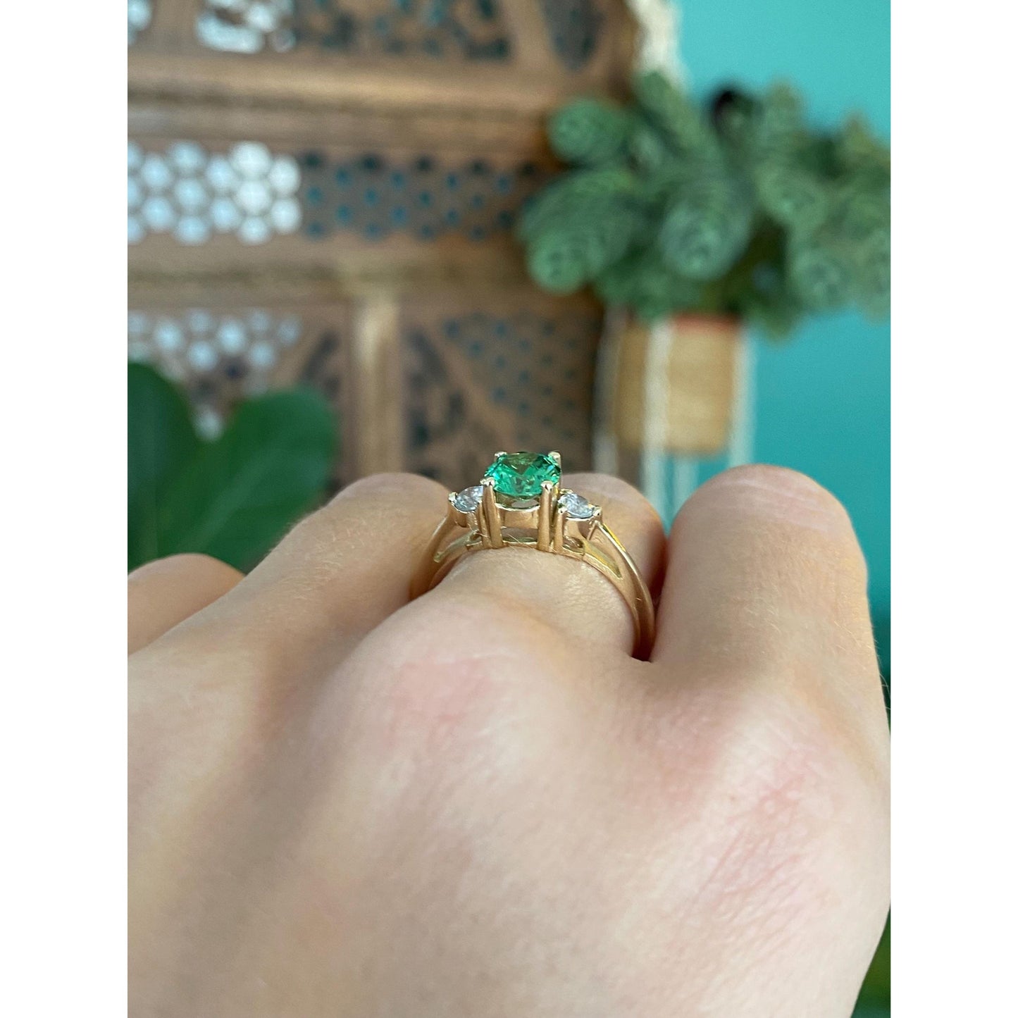 Solid 14k Yellow Gold Green & Clear Cubic Zirconia Ring - Size 8.5