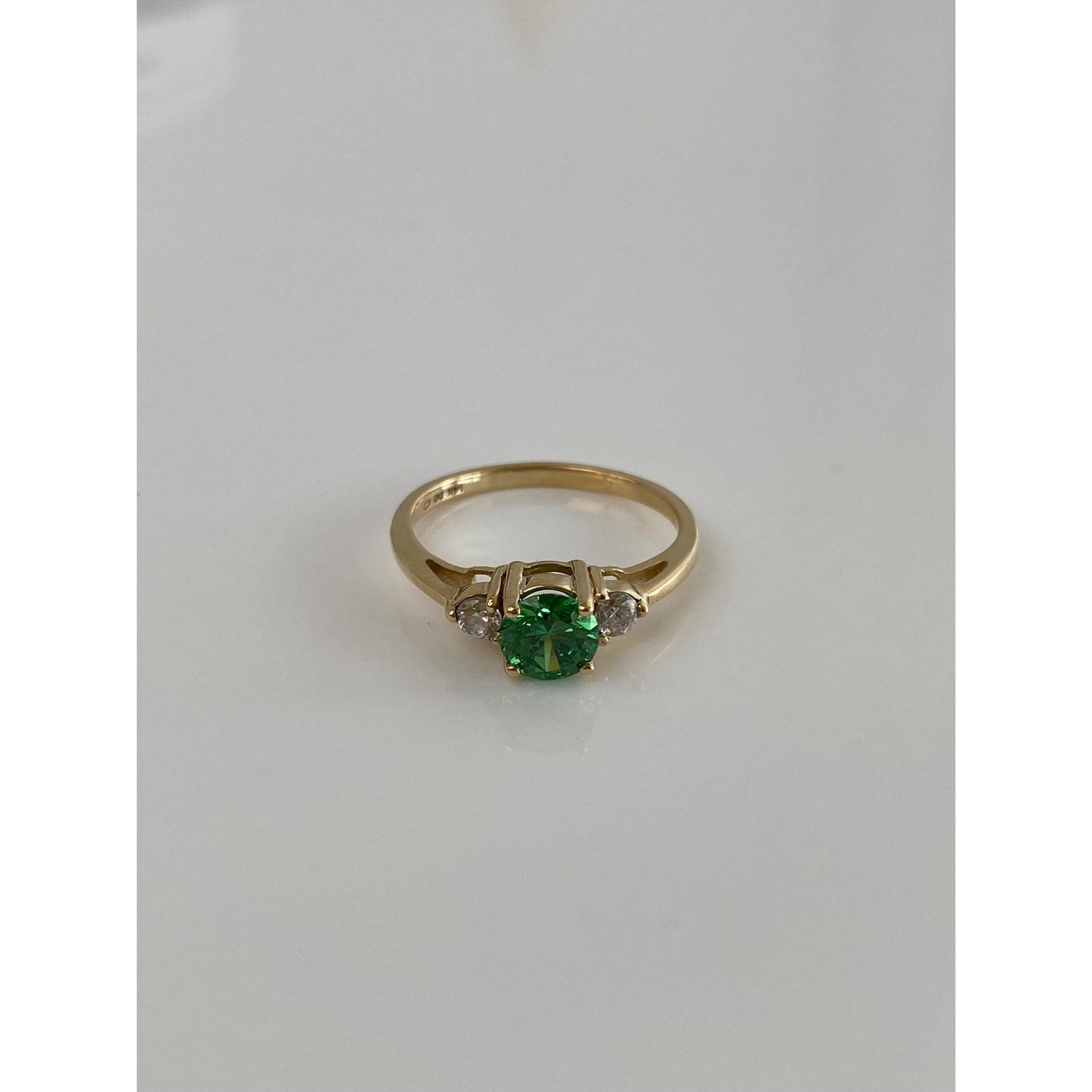 Solid 14k Yellow Gold Green & Clear Cubic Zirconia Ring - Size 8.5
