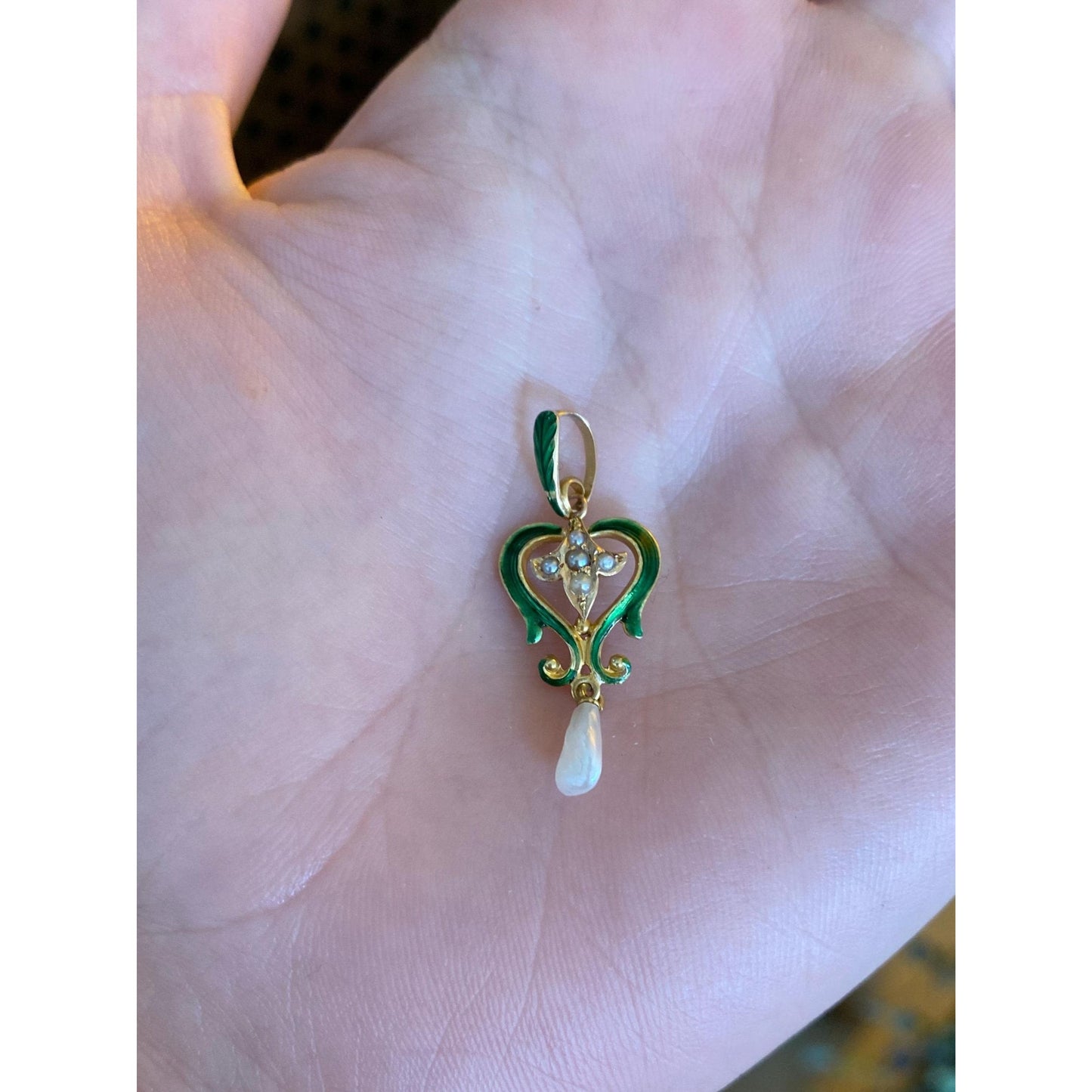 Vintage Solid 14k Yellow Gold Green Enamel Seed Pearl Dangle Charm
