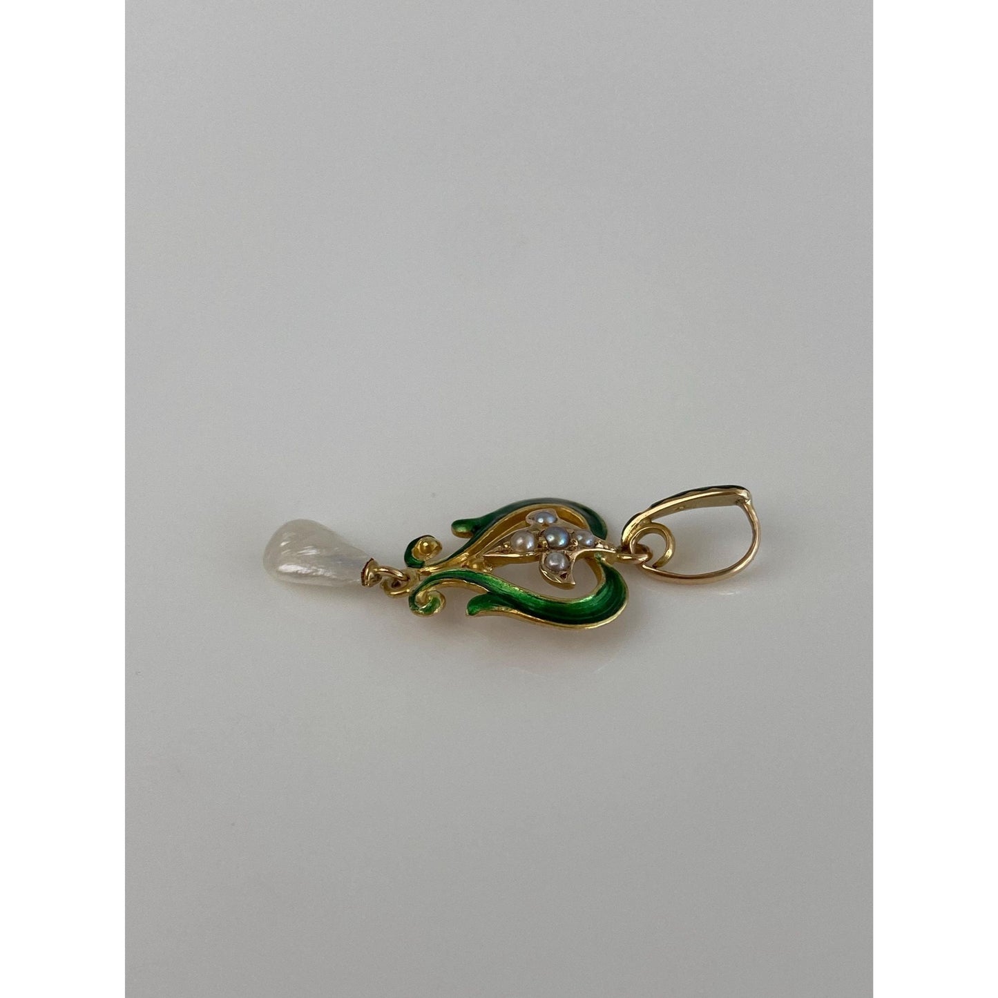 Vintage Solid 14k Yellow Gold Green Enamel Seed Pearl Dangle Charm