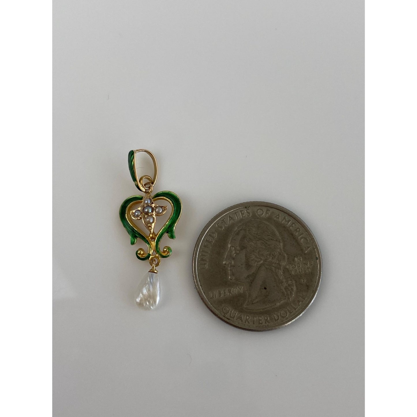 Vintage Solid 14k Yellow Gold Green Enamel Seed Pearl Dangle Charm