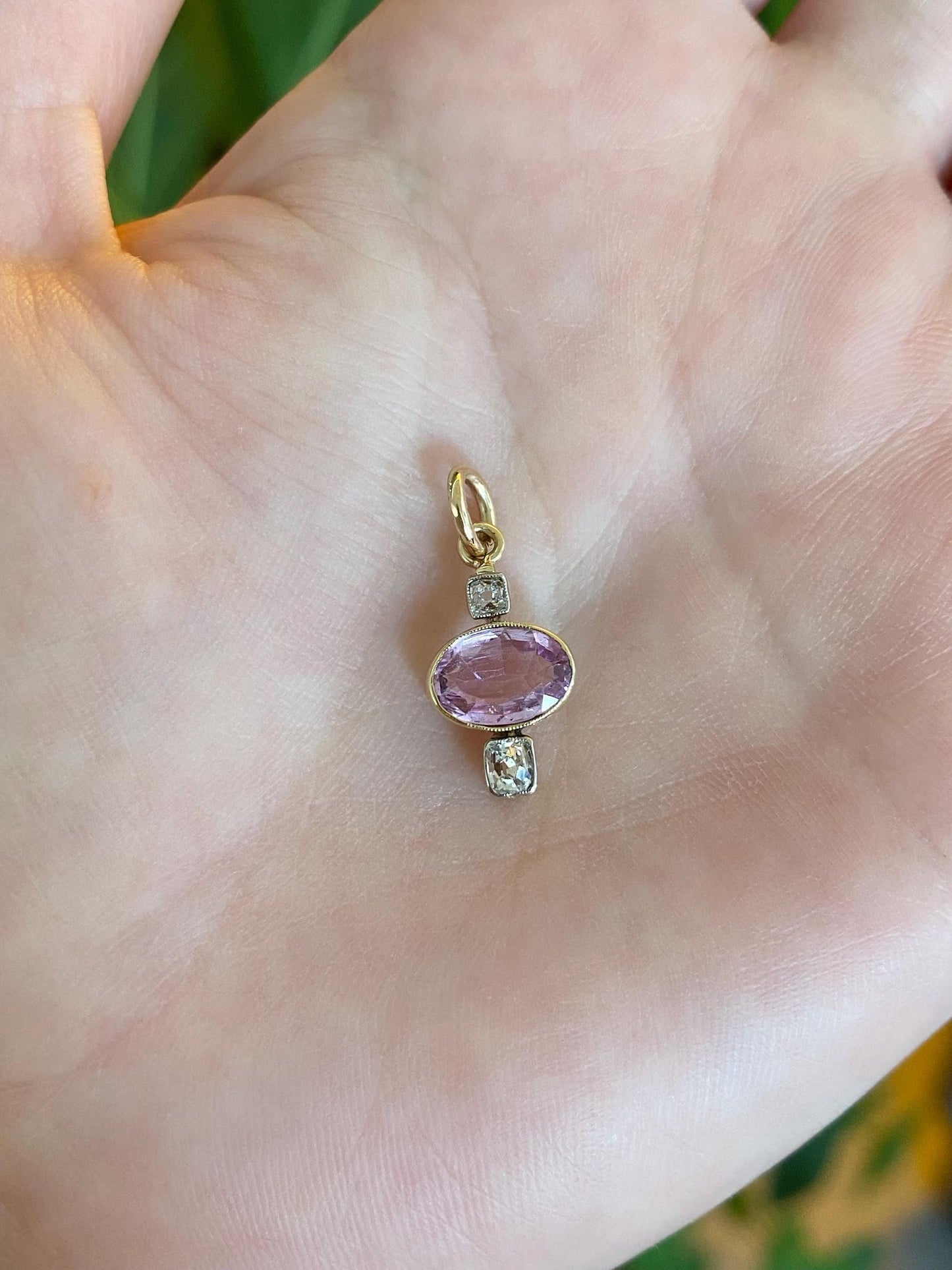 Vintage Solid 14k Yellow Gold Old Mine Cut Diamond Pink Spinel Charm