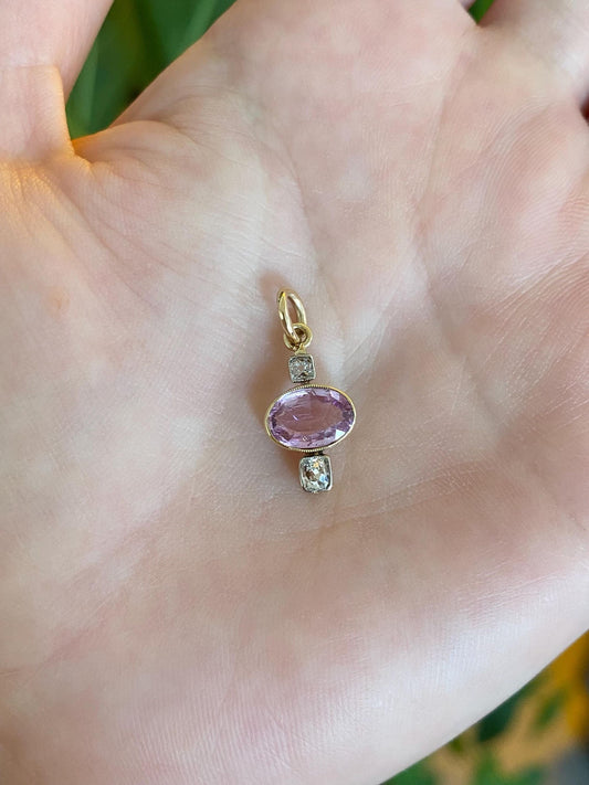 Vintage Solid 14k Yellow Gold Old Mine Cut Diamond Pink Spinel Charm