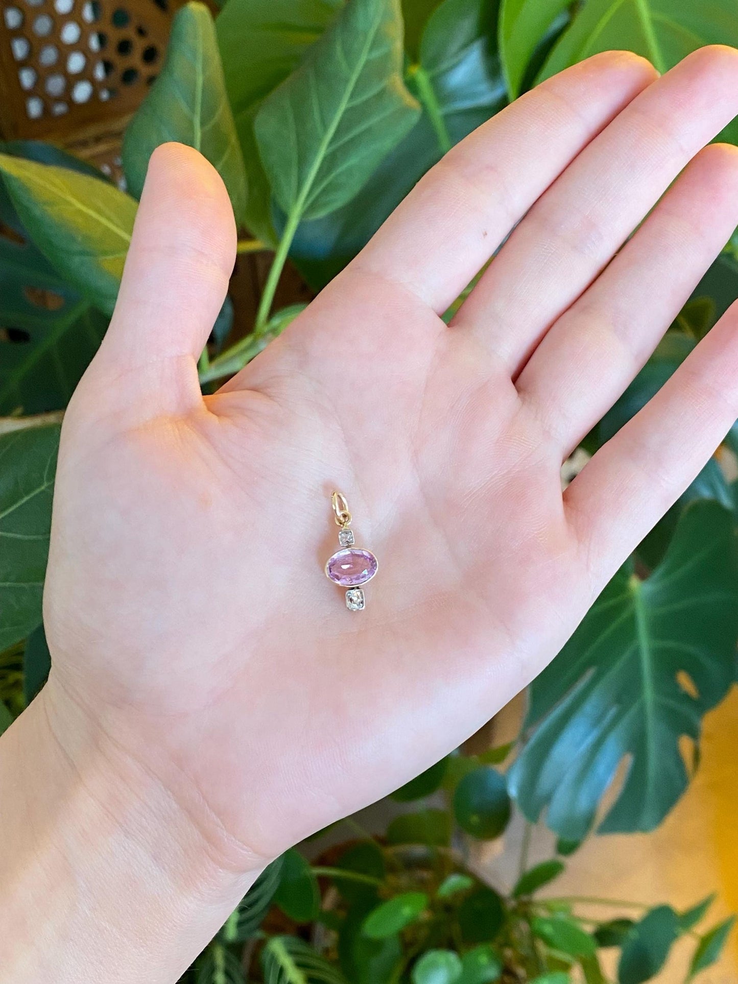 Vintage Solid 14k Yellow Gold Old Mine Cut Diamond Pink Spinel Charm