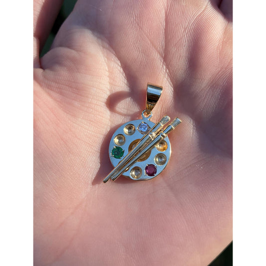 Vintage Solid 14k Yellow Gold Diamond Ruby Emerald Artist Palette Charm