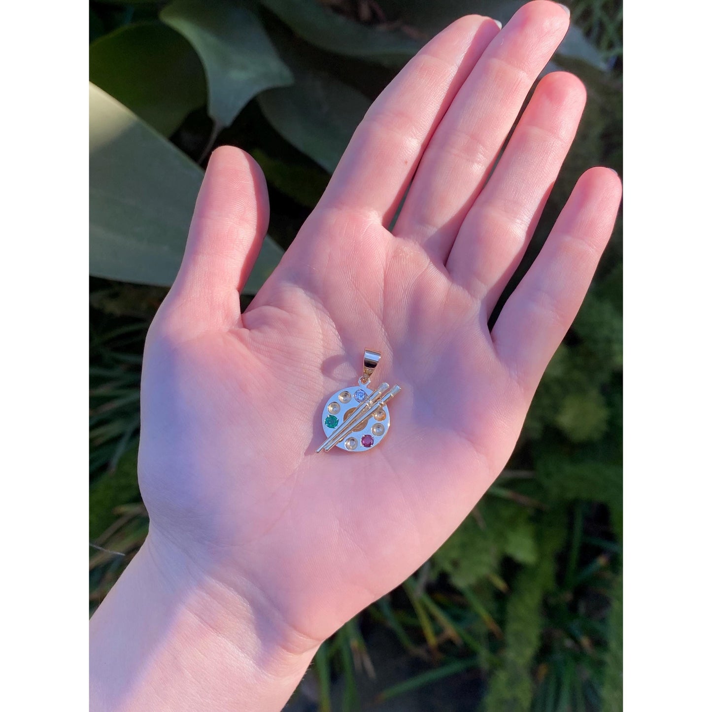 Vintage Solid 14k Yellow Gold Diamond Ruby Emerald Artist Palette Charm